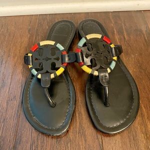 Tory Burch Authentic Miller Thong Sandal Black Leather with multi colored logo